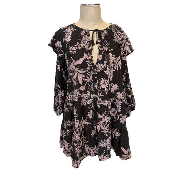 Free People Dresses & Skirts - Free People Floral Mini Dress XS Black Pink Boho Peasant Tunic Long Sleeve